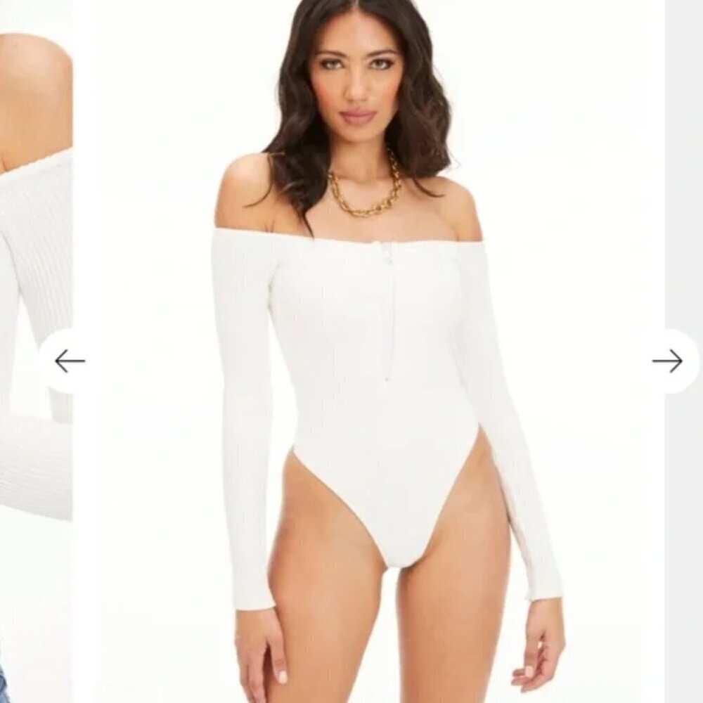 Good American Bodysuit Off the Shoulder Long Sleeve Ribbed Zip Up Ivory New XL